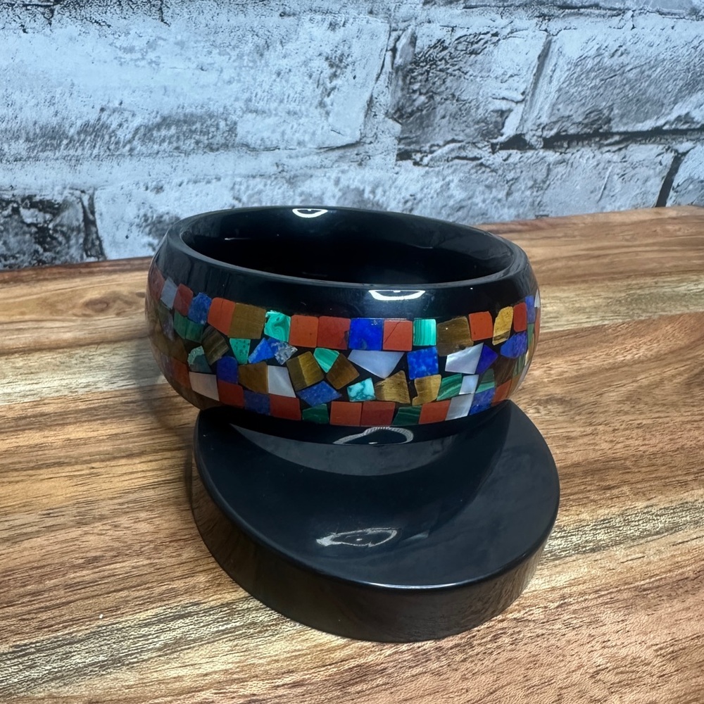 EUC Vintage Black Mosaic 925 Bangle Bracelet